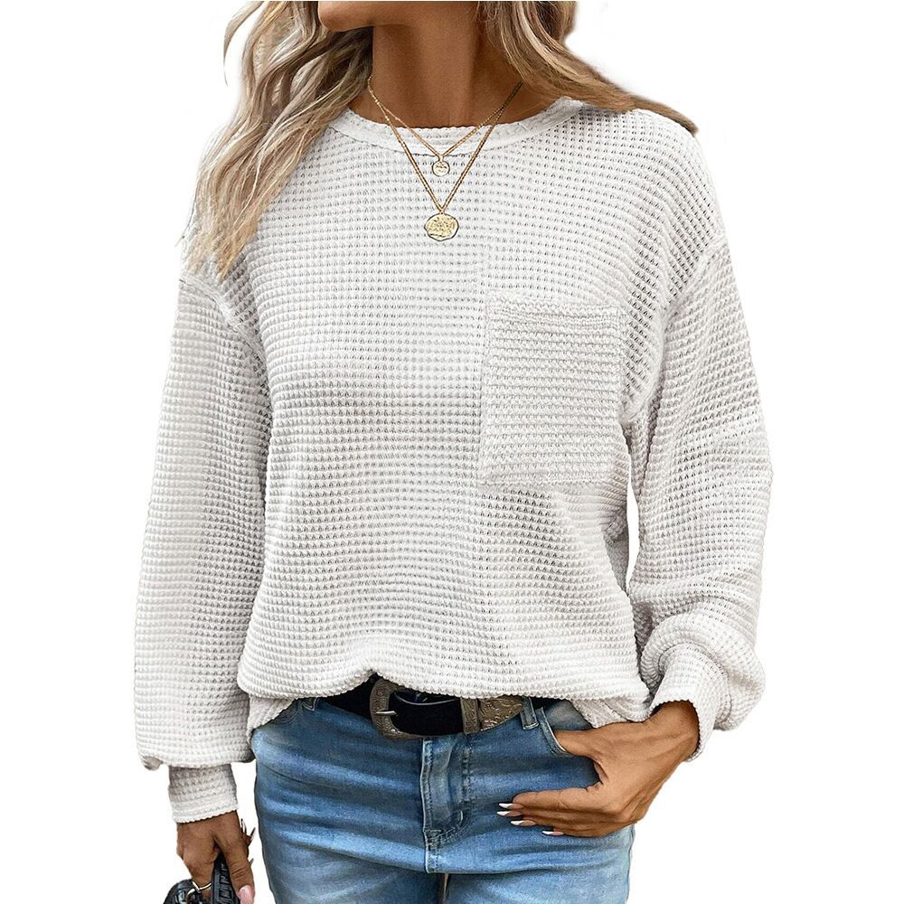 Women's Oversized Waffle Knit Crew Neck Pocket Top