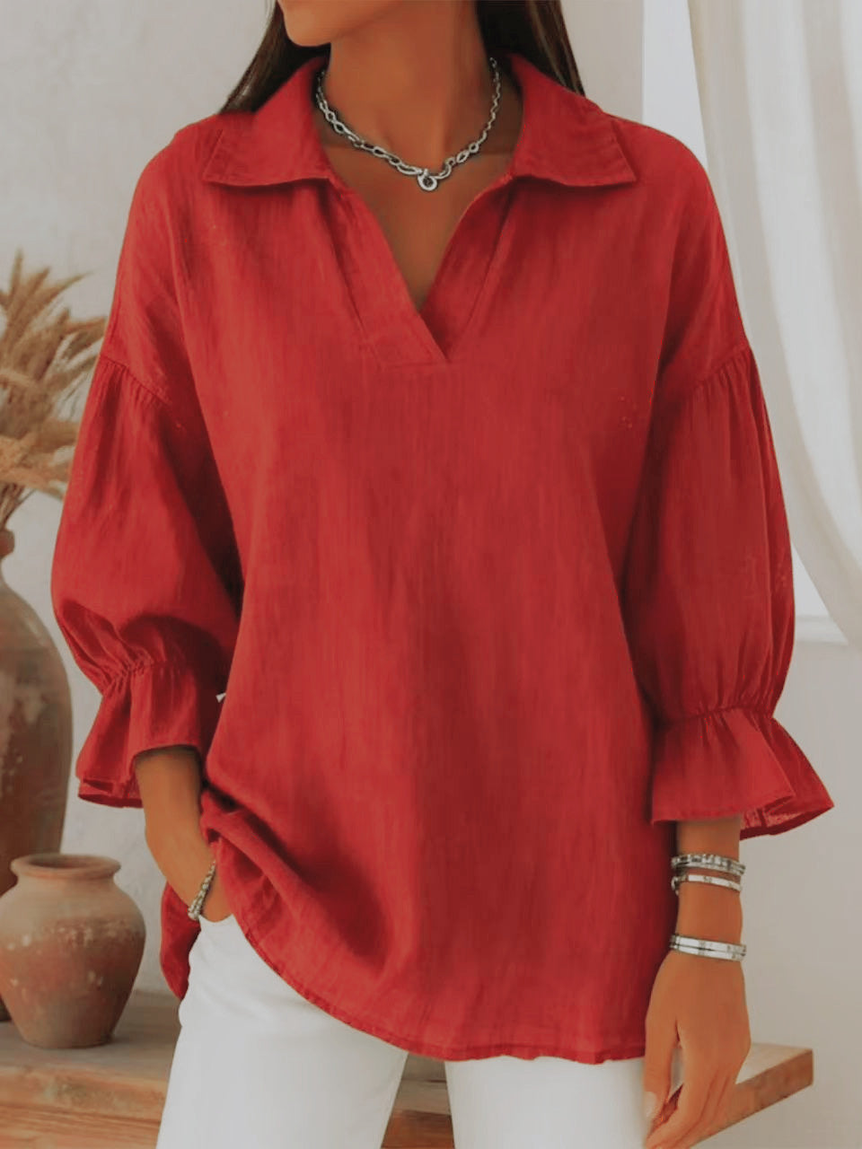 Oversized Collared V-Neck Blouse Ruffle Sleeve Casual Top