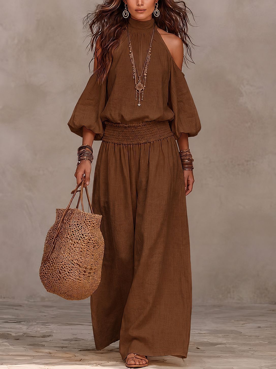 Women Cold Shoulder Smocked Top Wide Leg Pants Matching Set