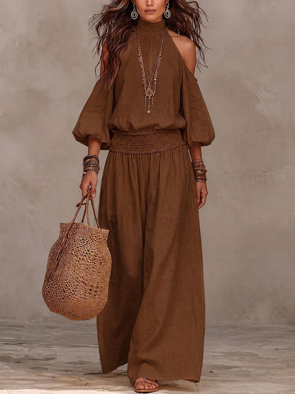 Women Cold Shoulder Smocked Top Wide Leg Pants Matching Set