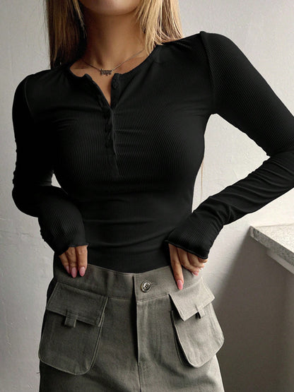 Women's Ribbed Henley Long Sleeve Fitted Top