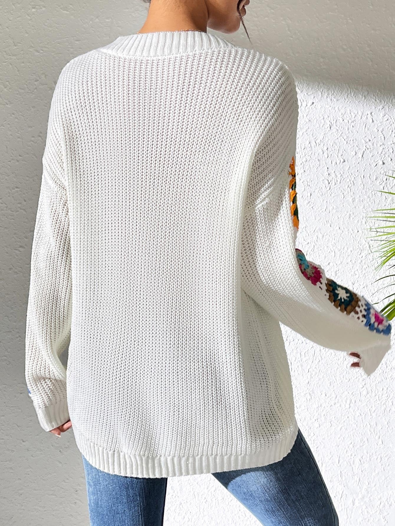 Fall/Winter Casual Loose V-Neck Crochet Floral Sweater