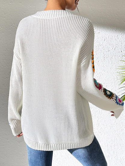 Fall/Winter Casual Loose V-Neck Crochet Floral Sweater