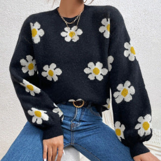 Women's Daisy Floral Long Sleeve Crew Neck Knit Sweater