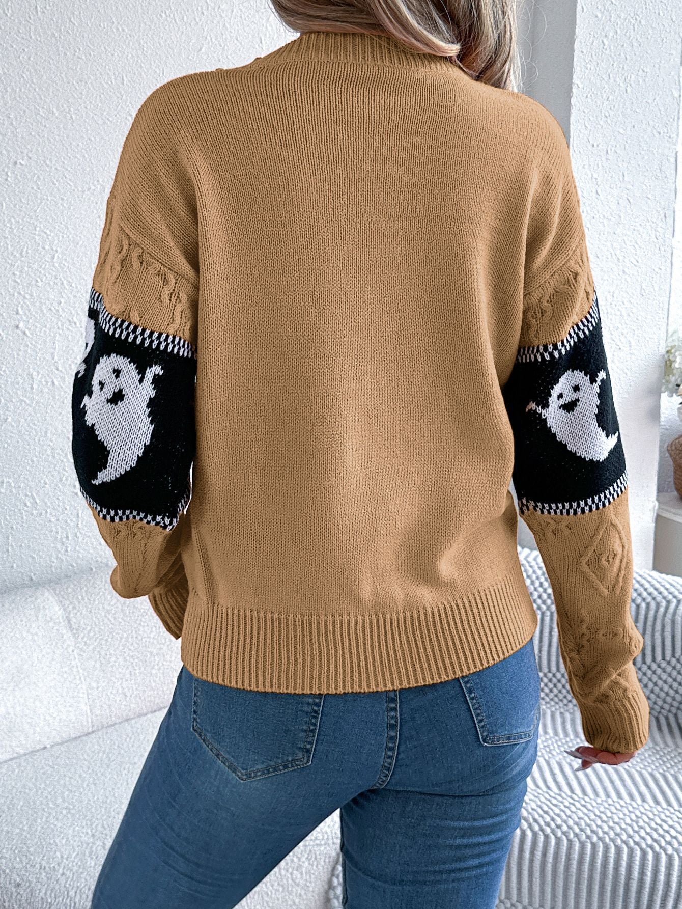 Ghost Print Colorblock Sweater - Halloween Fall Pullover