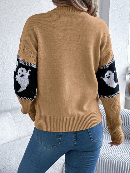 Ghost Print Colorblock Sweater - Halloween Fall Pullover