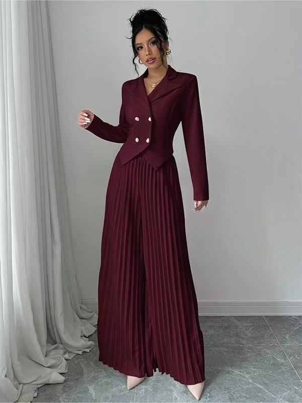 Women's 2 Piece Blazer Set Pleated Wide Leg Pants