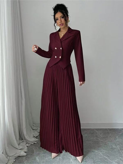 Women's 2 Piece Blazer Set Pleated Wide Leg Pants