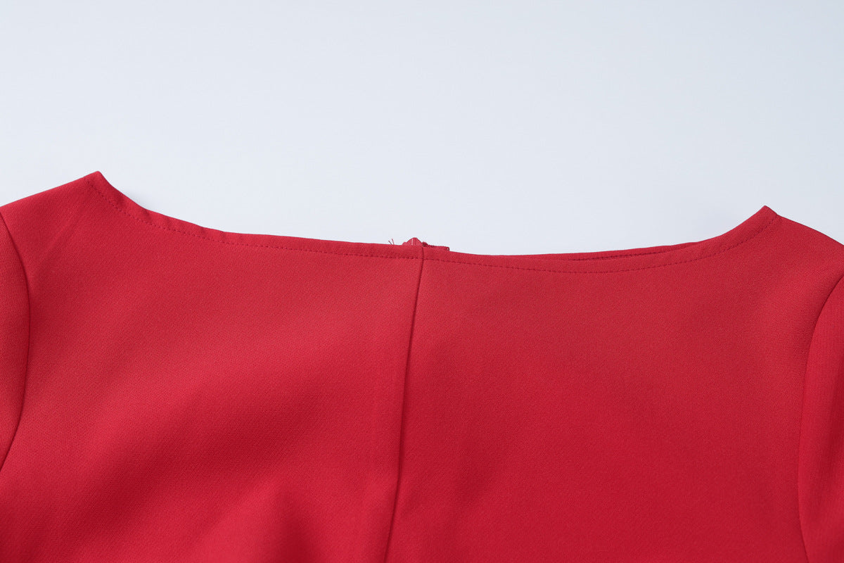 Red Off Shoulder Long Sleeve Mini Dress with Bow Detail