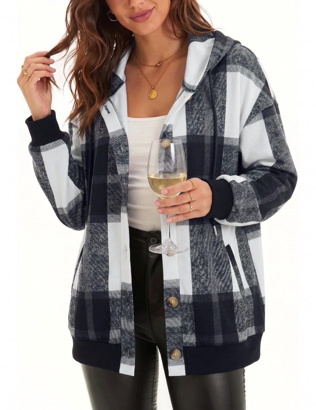Women's Oversized Hooded Plaid Shacket Jacket