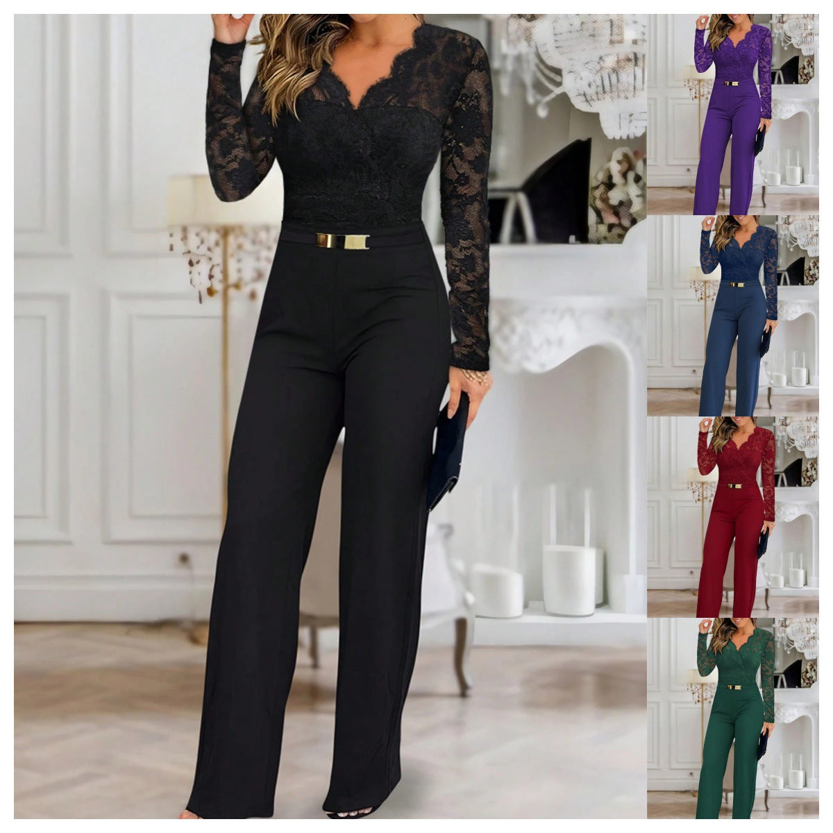 Lace Belted Flare Jumpsuit Long Sleeve Women