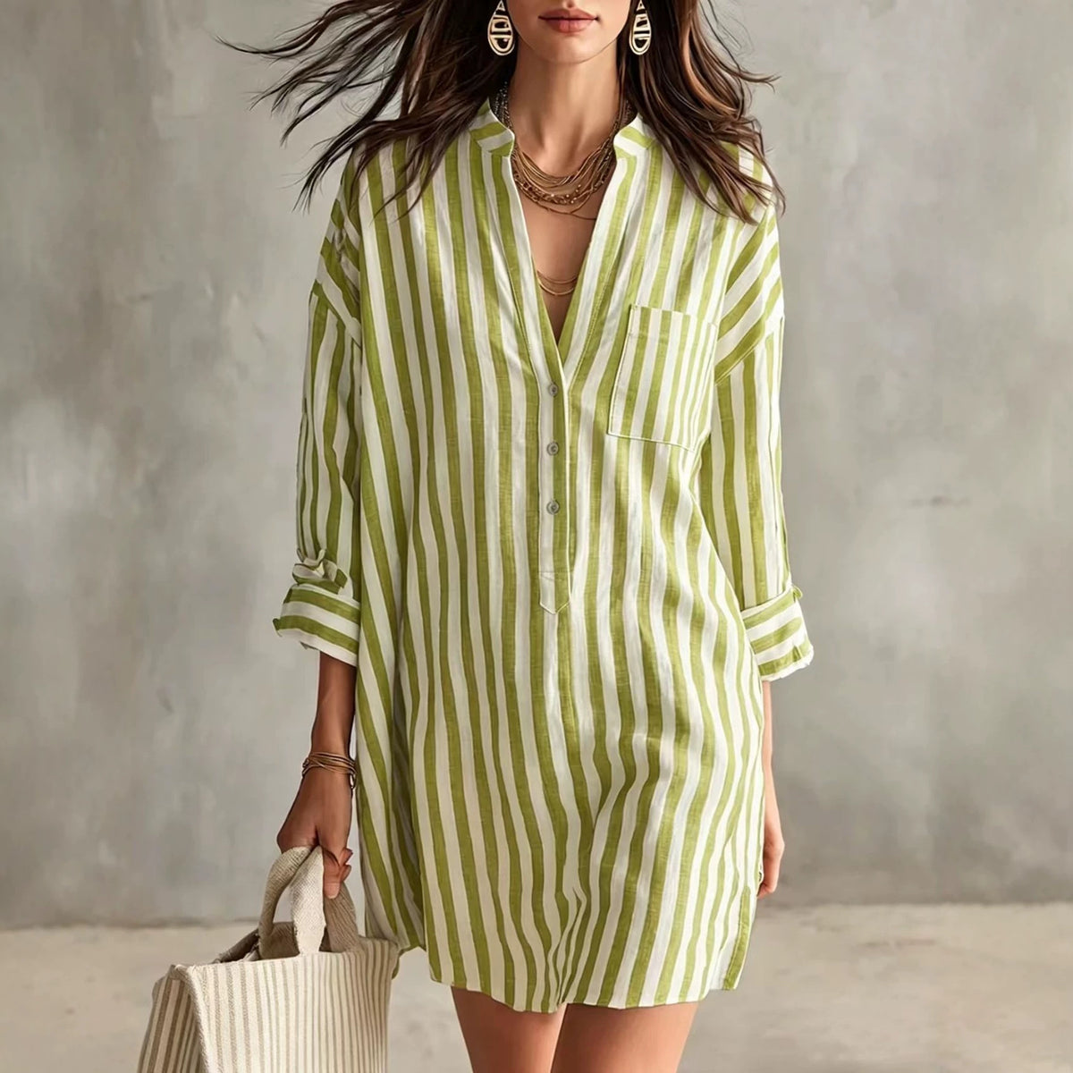 Striped V-Neck Long Sleeve Shirt Dress Casual Loose