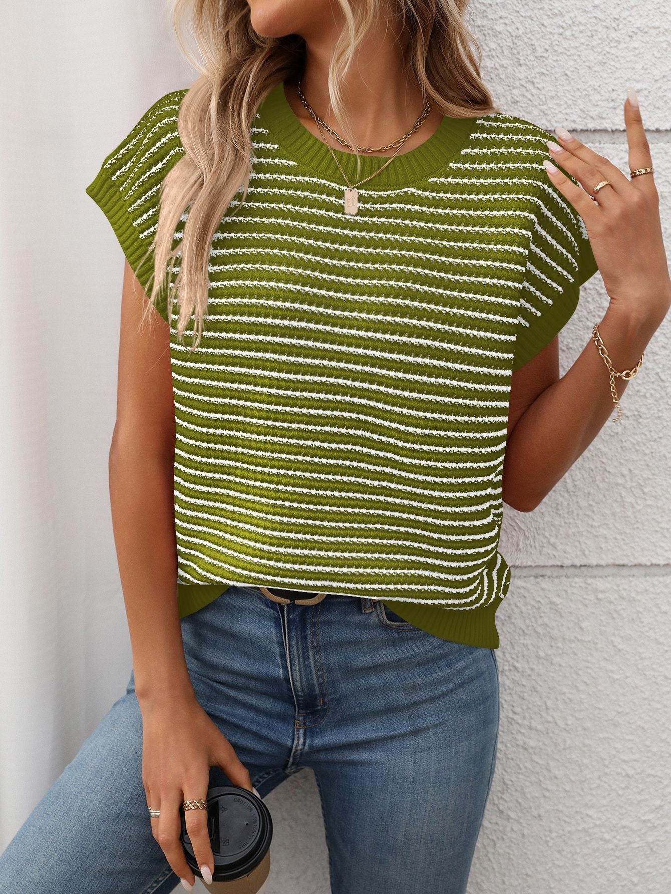 Crew Neck Striped Knit Sweater