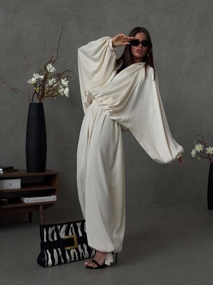 Women's Satin Batwing Zip-Up Two-Piece Jogger Set
