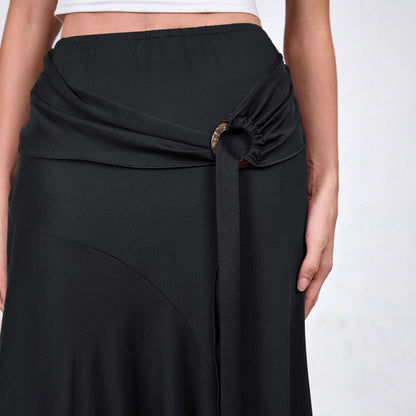 Asymmetrical High Waist Maxi Skirt with Ring Detail