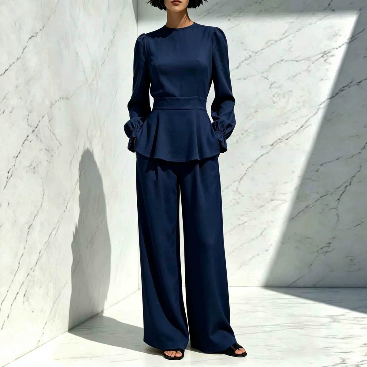 Women's Puff Sleeve Peplum Wide Leg Pants Set