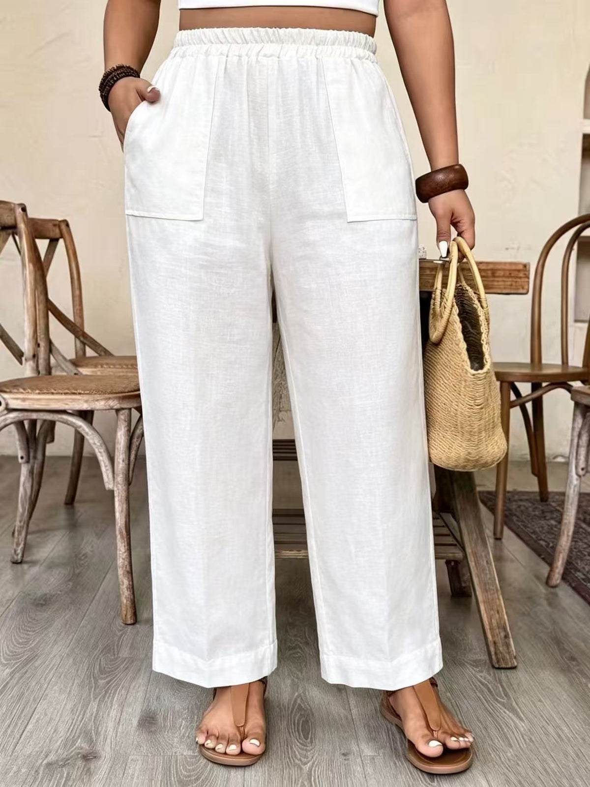 Plus Size Linen Look Elastic Waist Tapered Pants