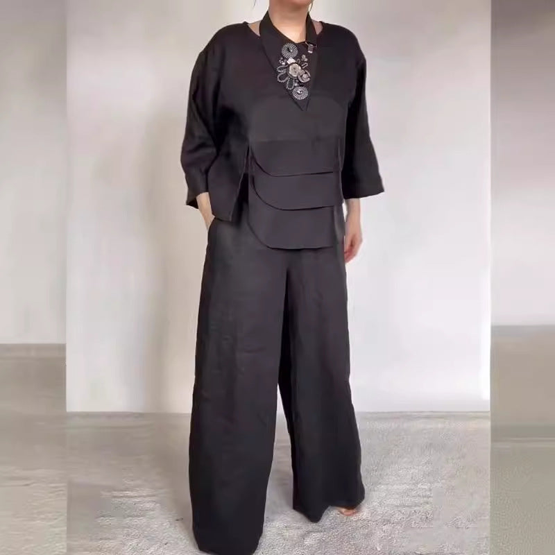 Satin Layered Top Wide Leg Pants Two Piece Set