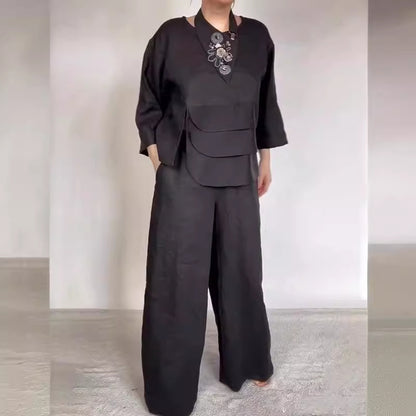 Satin Layered Top Wide Leg Pants Two Piece Set