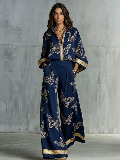 Boho Butterfly Print Two Piece Zip Up Top Wide Leg Pants
