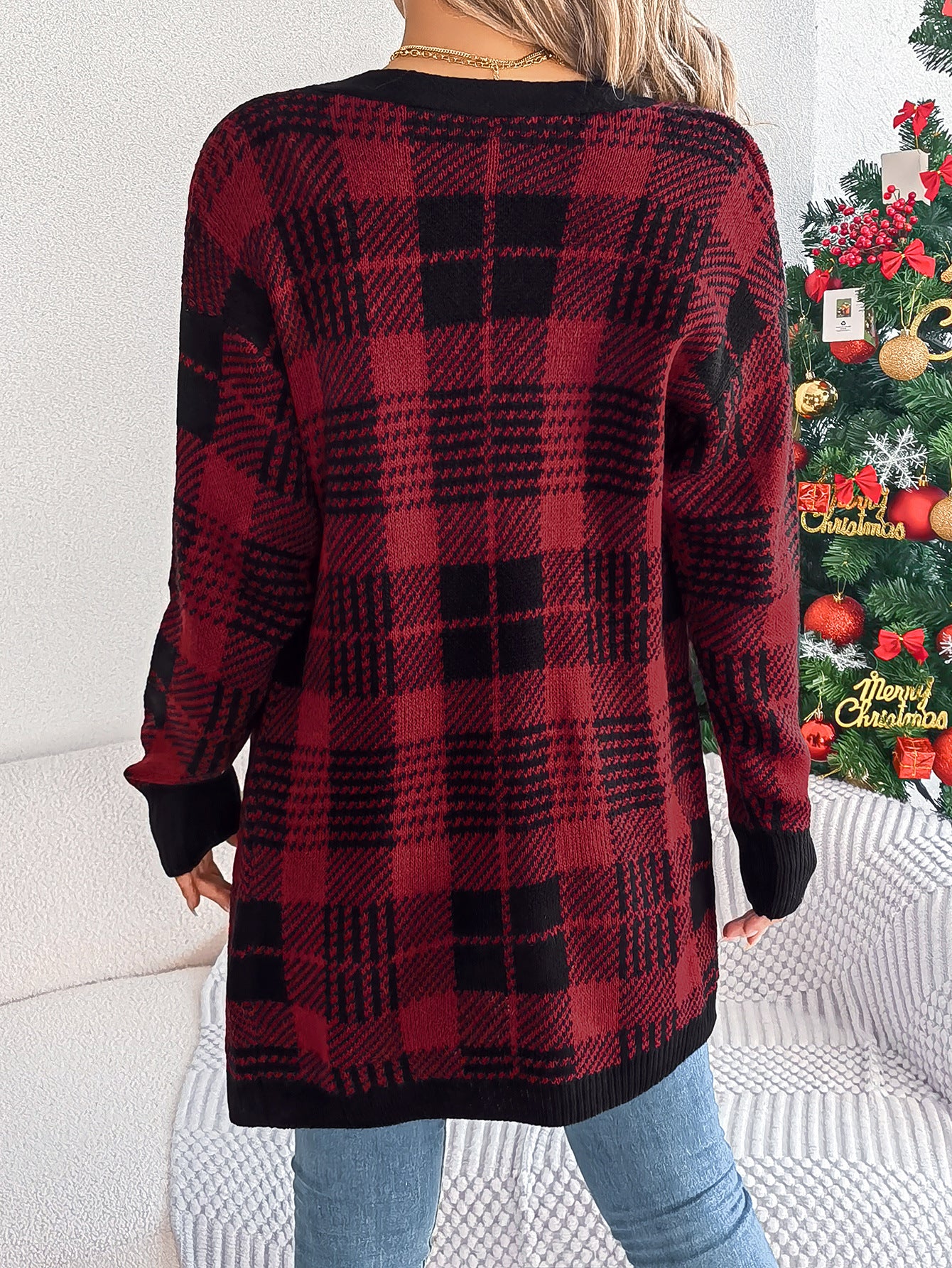 Women's Casual Contrasting Color Plaid Pocket Long Sleeve Christmas Sweater