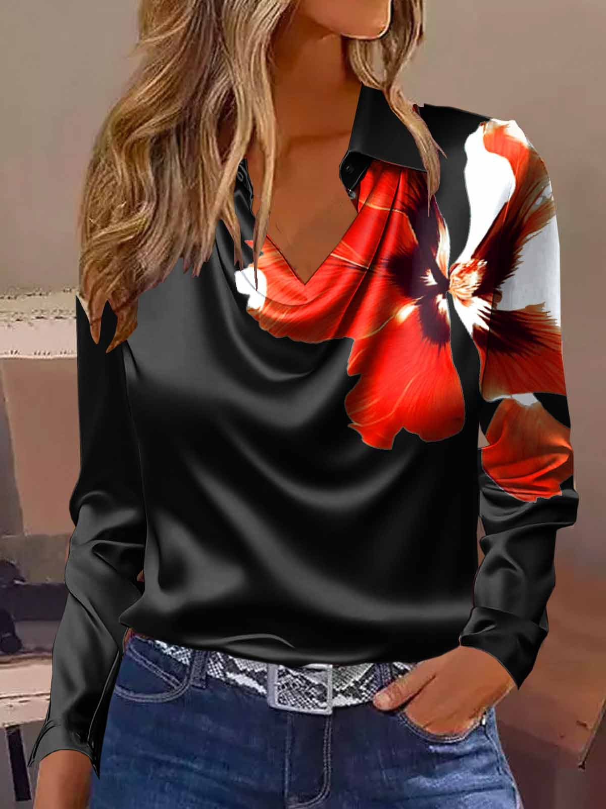 Women's Satin Cowl Neck Floral Long Sleeve Blouse
