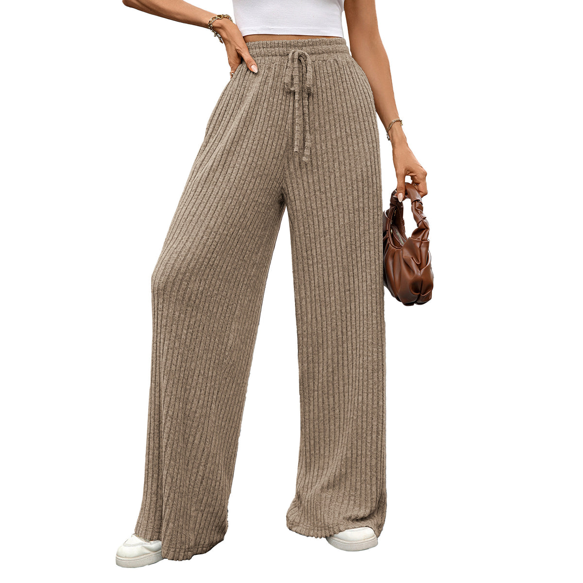 Women's Ribbed Drawstring Wide Leg Lounge Pants