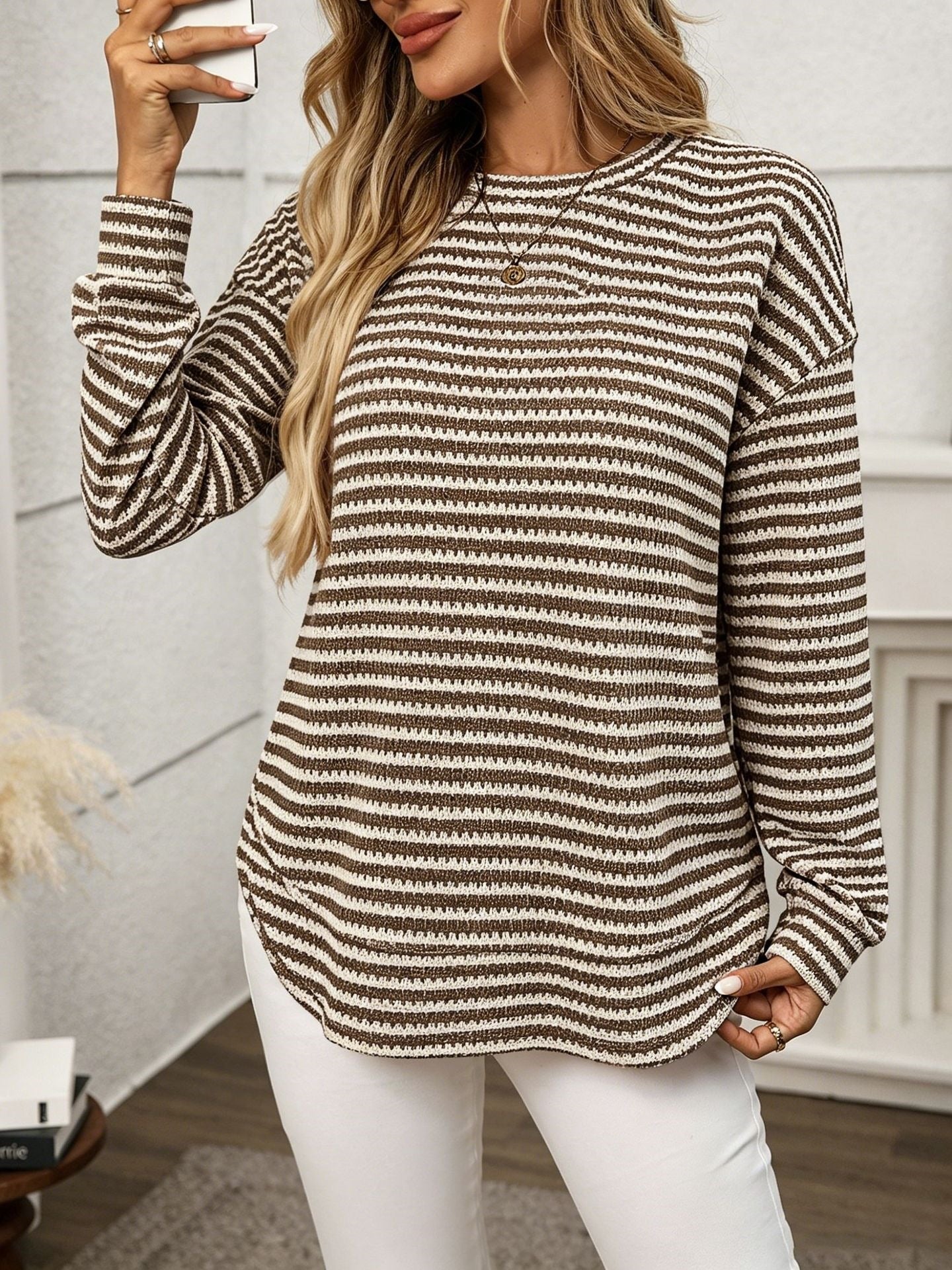 Striped waffle knit tunic top relaxed curved hem