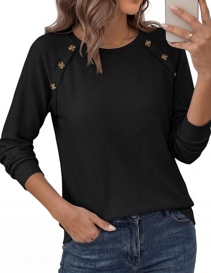 Waffle Knit Button Henley Top Crew Neck Long Sleeve Tee