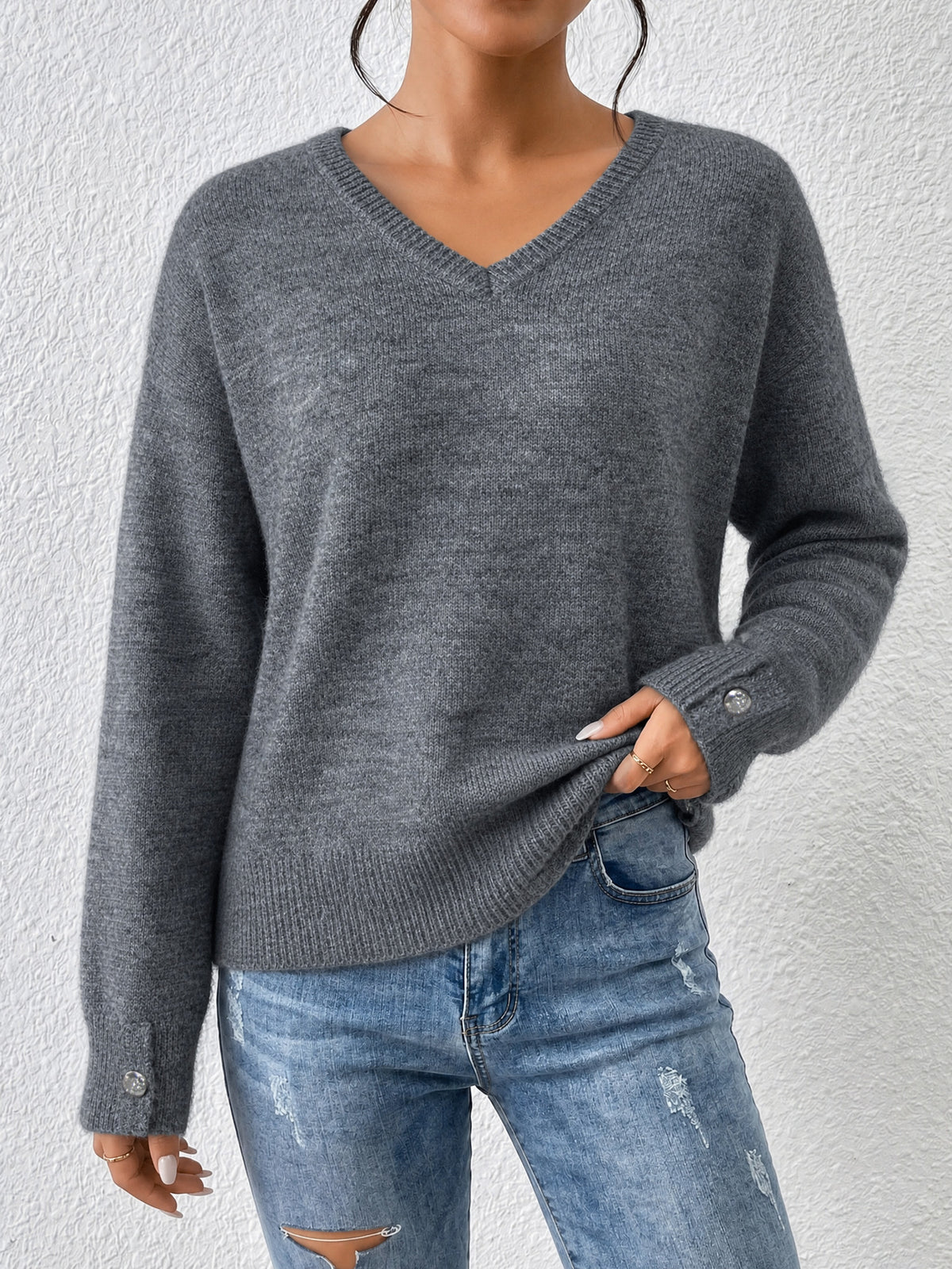 Womens V Neck Sweater Oversized Button Cuff Pullover