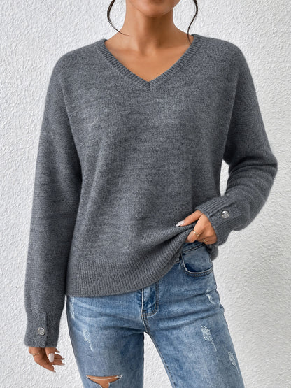 Womens V Neck Sweater Oversized Button Cuff Pullover