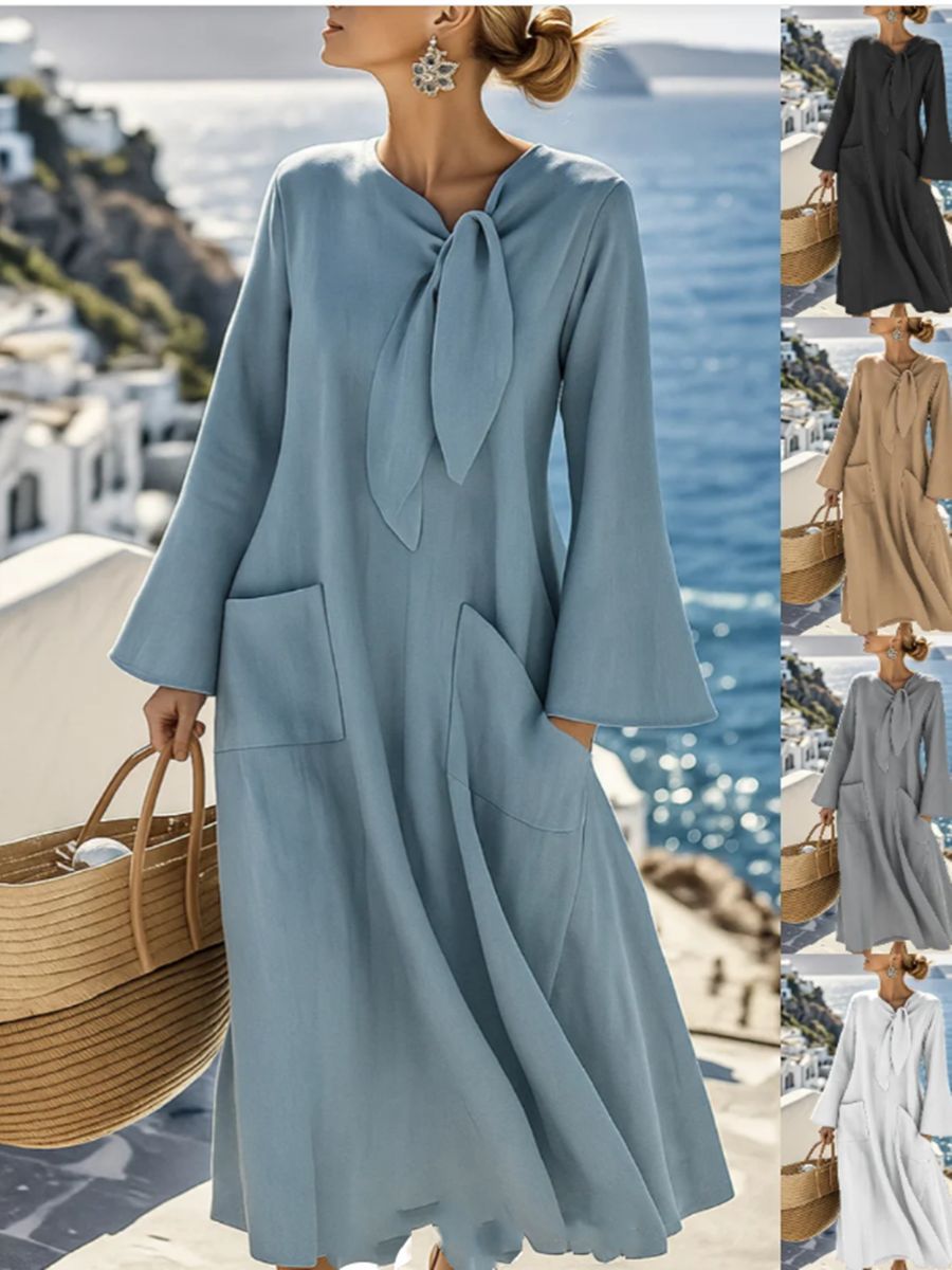 Cotton Linen Tie Neck Bell Sleeve Maxi Dress with Pockets