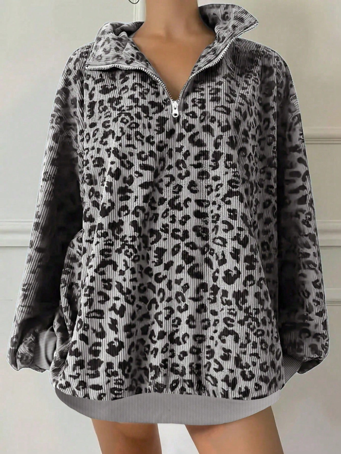 Leopard Print Oversized Quarter Zip Pullover Sweatshirt