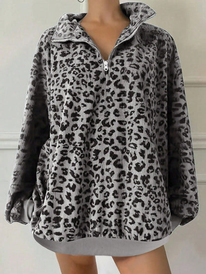 Leopard Print Oversized Quarter Zip Pullover Sweatshirt