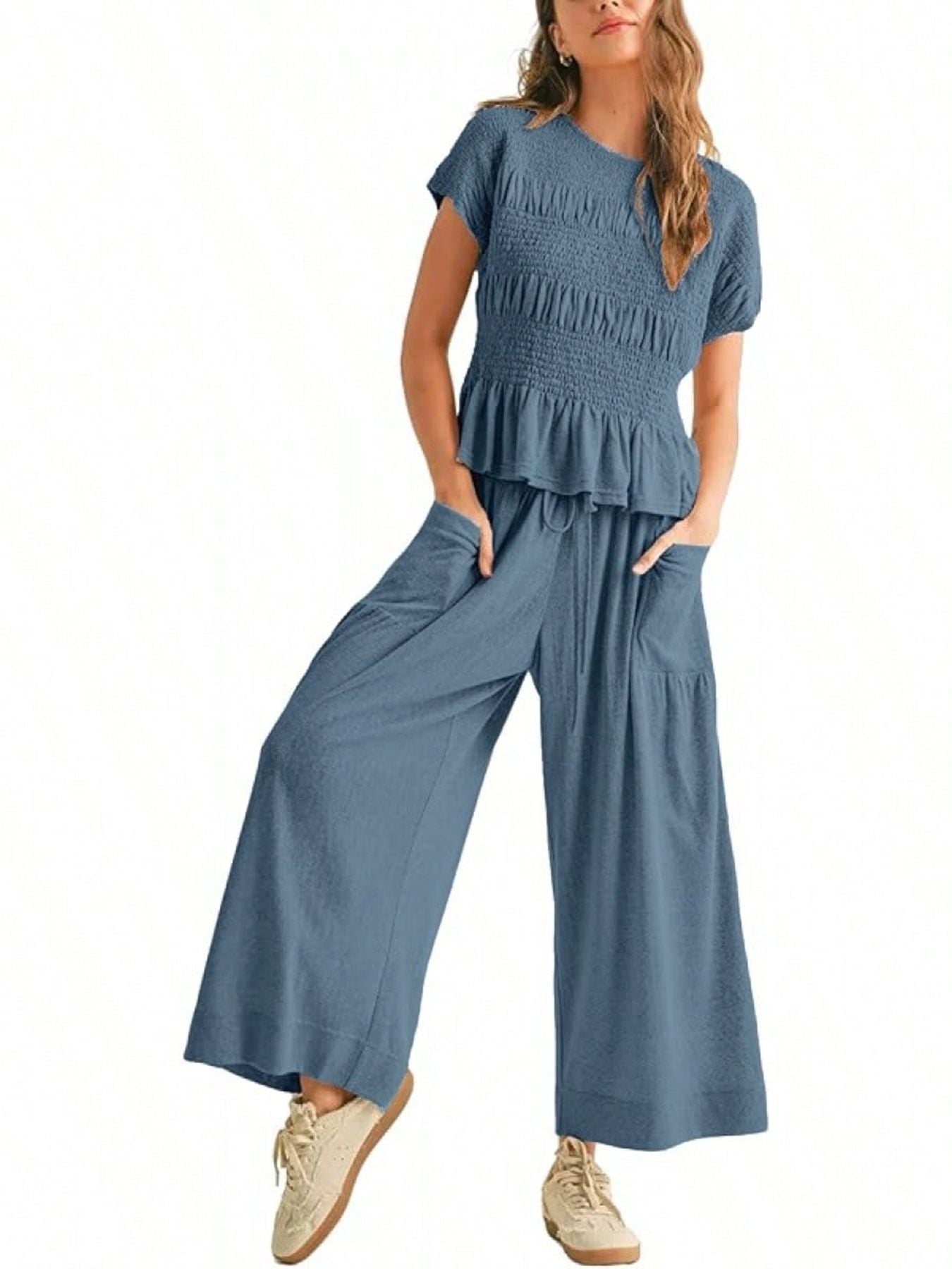 Summer Women’s Two-Piece Smocked Top with Wide-Leg Pants Casual Set