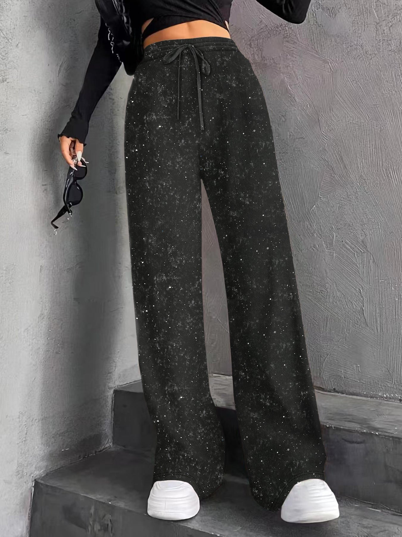 Sparkle Rhinestone Wide Leg Pants Drawstring Waist
