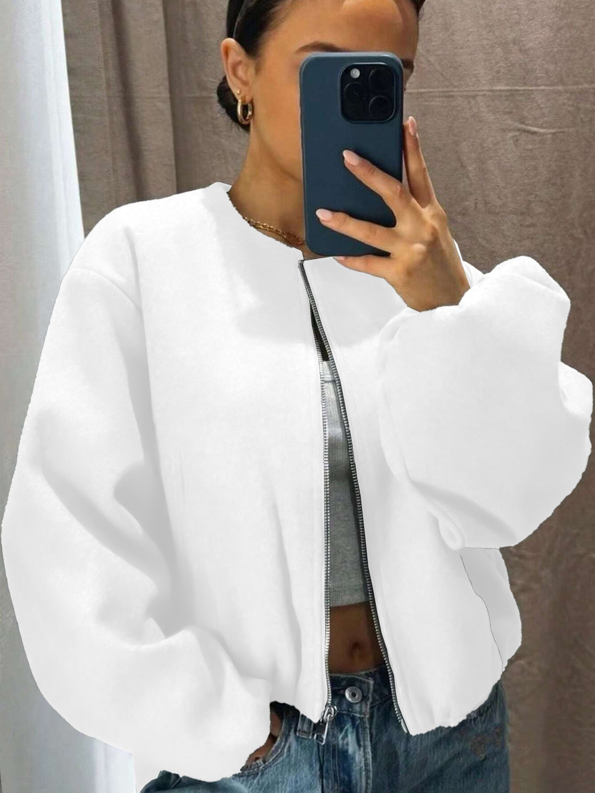 Women's Zip Up Bomber Jacket Lantern Sleeve Streetwear