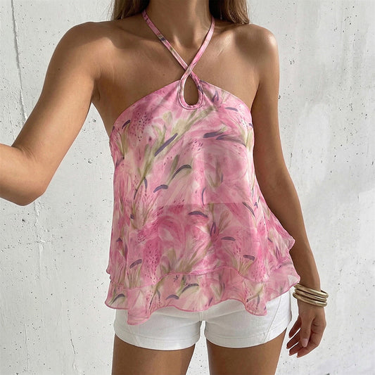 Floral Halter Chiffon Top Backless Layered Summer Vacation Pink
