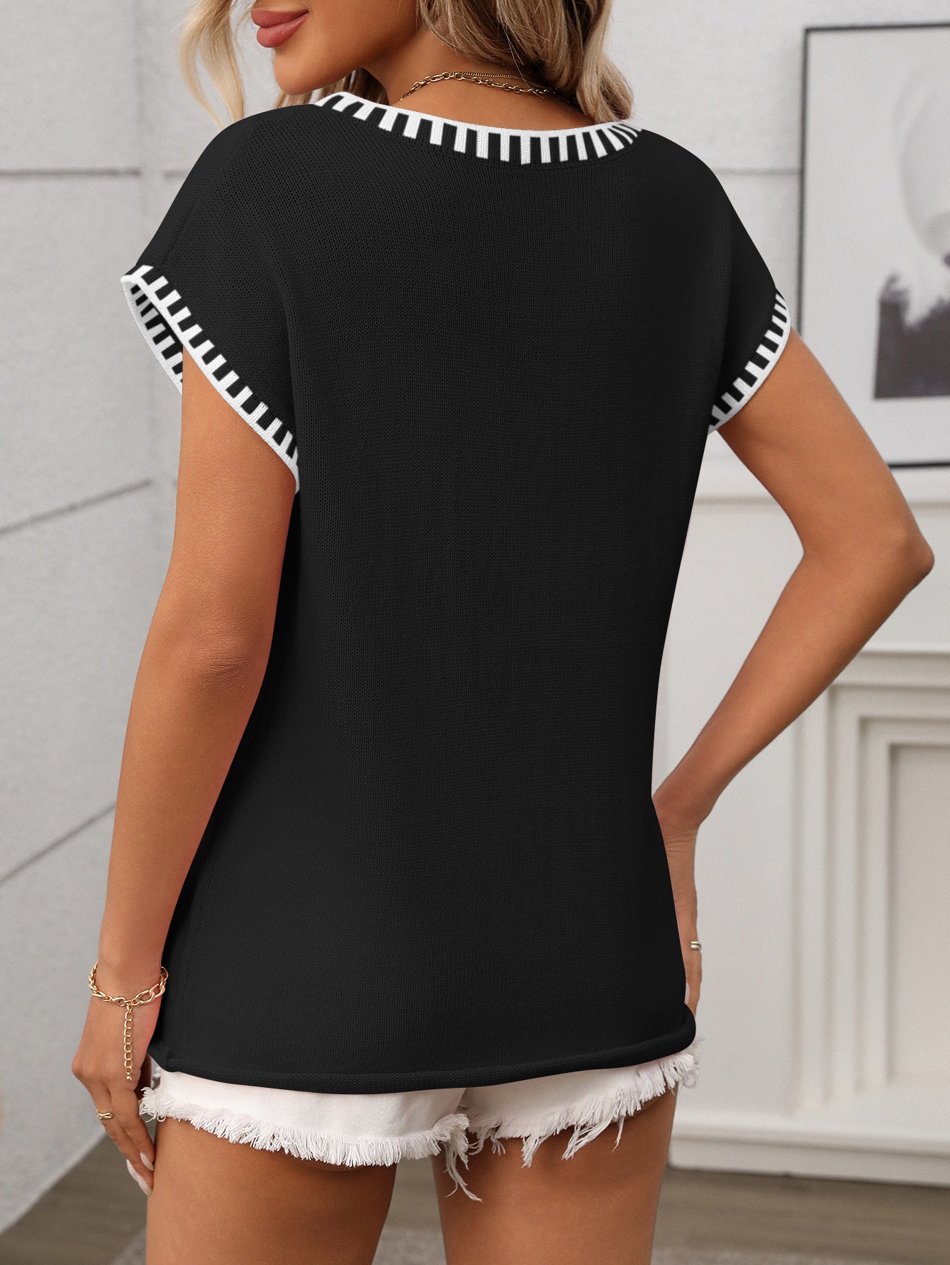 Striped V Neck Knit Top Short Sleeve Casual Sweater