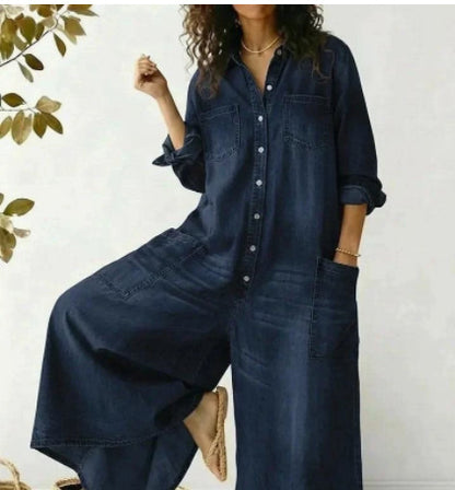 Women's Denim Maxi Shirt Dress Long Sleeve Button Front