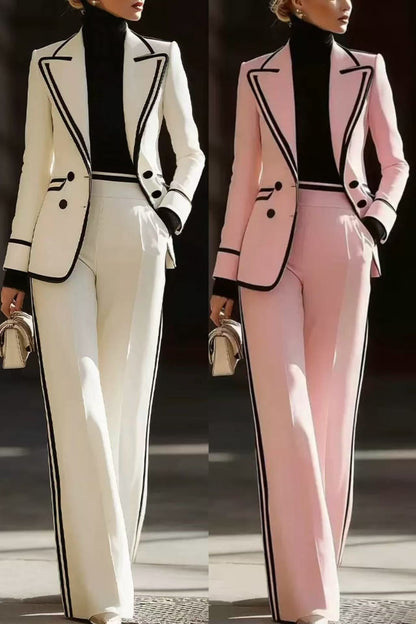 Women's Contrast Trim Blazer Wide Leg Pants Set