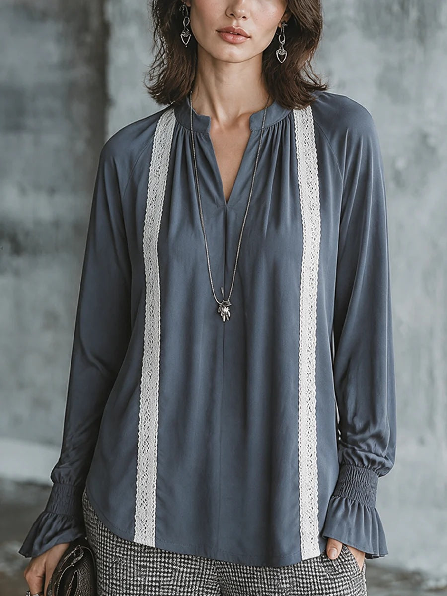 Women's Satin Lace Trim V-Neck Long Sleeve Blouse