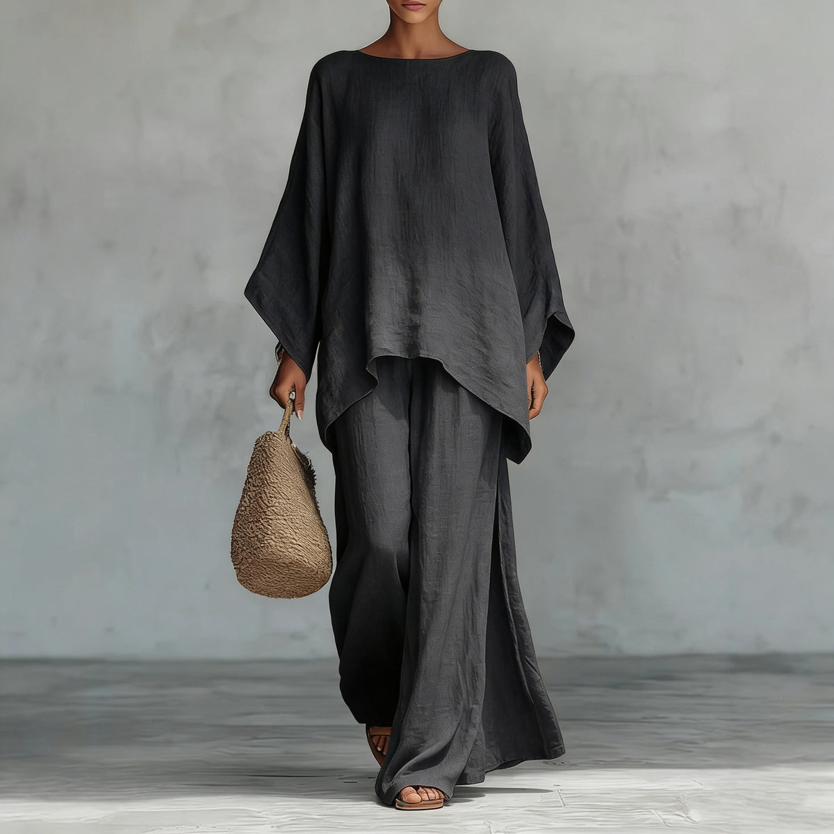 Linen Blend Batwing Top Wide Leg Pants Two Piece Set