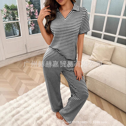 Women's Striped Knit Lounge Set V-Neck Top & Pants