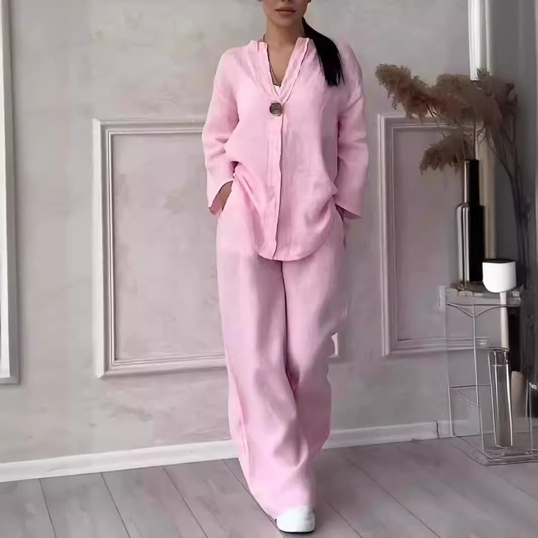 Women Casual 2 Piece Set Wide Leg Pants Button Top