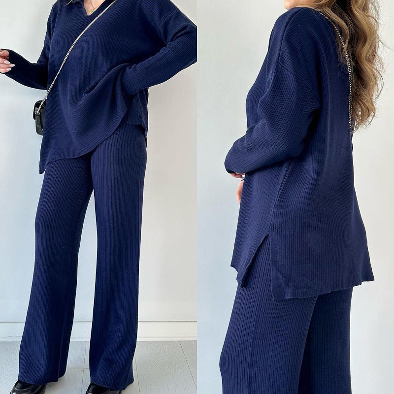 Ribbed Knit Side Slit Lounge Set Wide Leg Pants