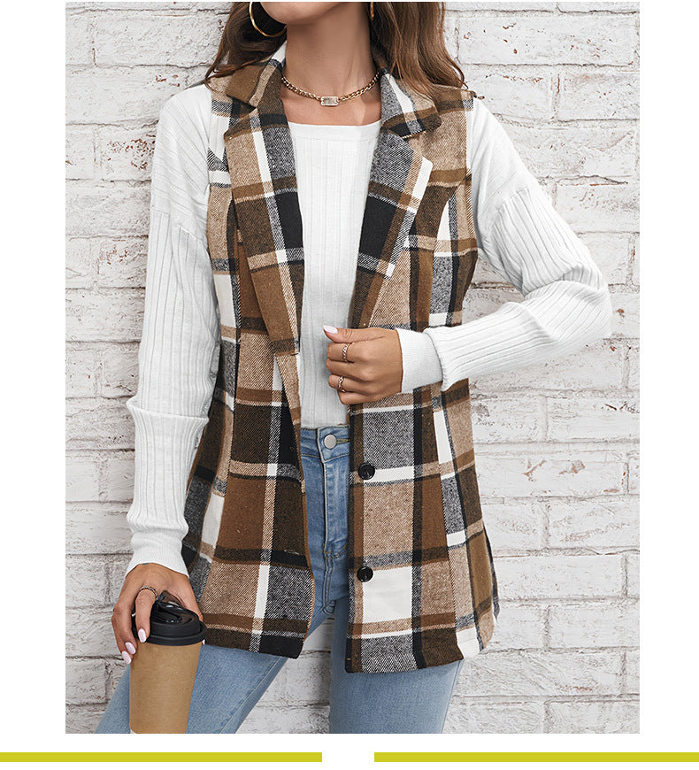 Women's Plaid Lapel Blazer Vest Button Front