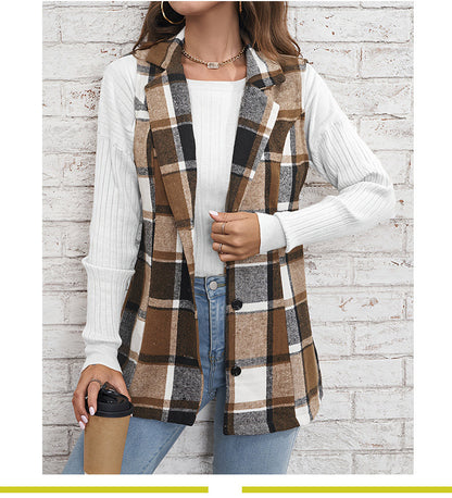 Women's Plaid Lapel Blazer Vest Button Front