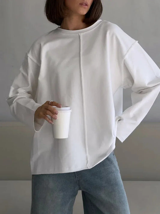 Casual Loose Fit Cotton Long Sleeve Distressed T Shirt Top