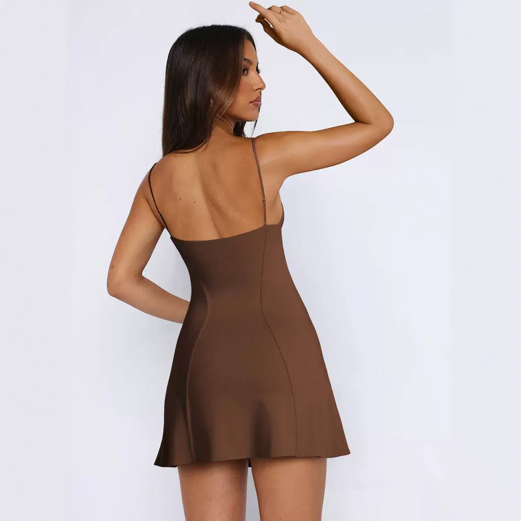 Slim-Fit Knitted Suspender Skirt Dress - High-End Spice